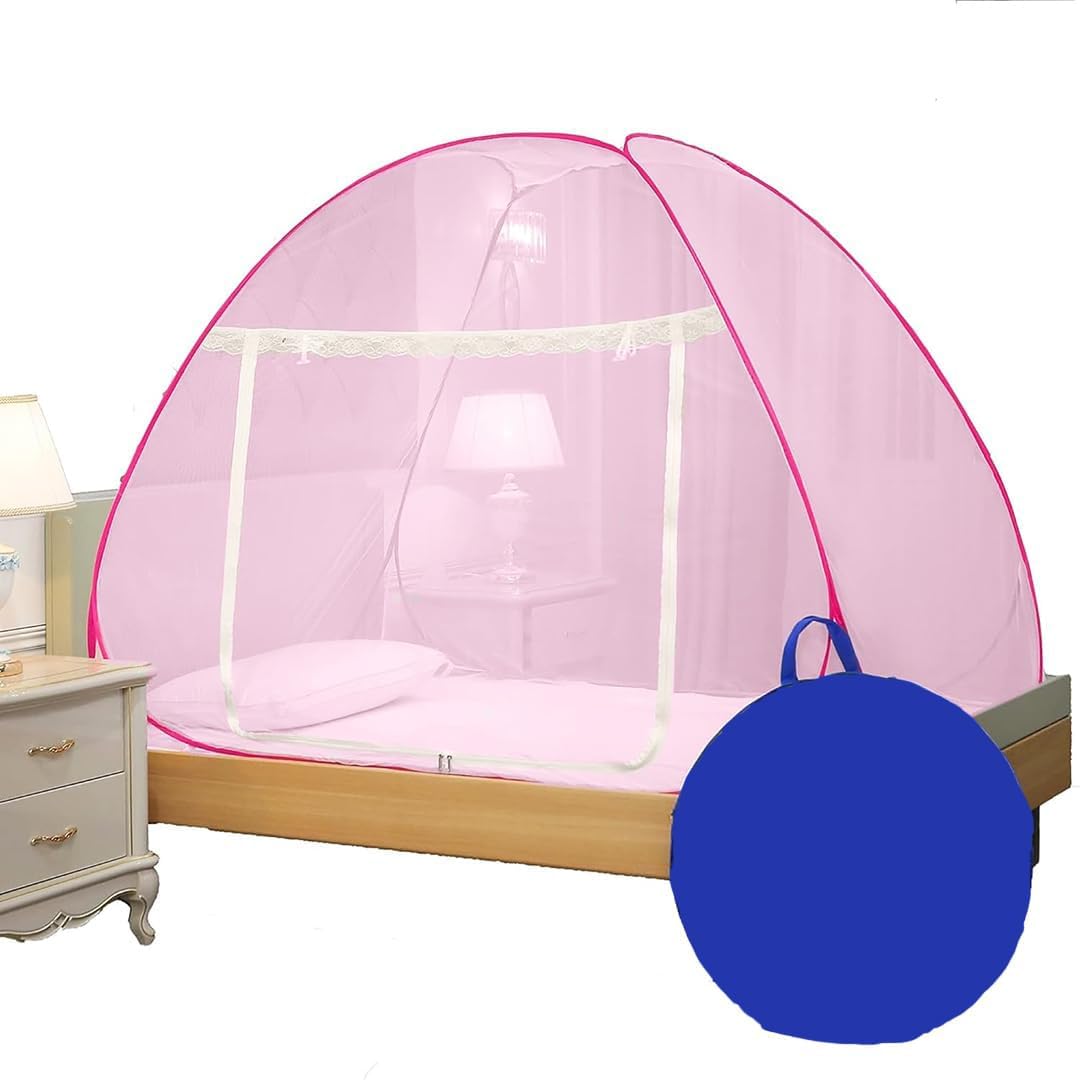 Havenza Mosquito Net for Single Bed | Foldable Machardani | Polyester Strong 30GSM mesh| PVC Coated Corrosion Resistant Steel Wire - Full Pink-image-17