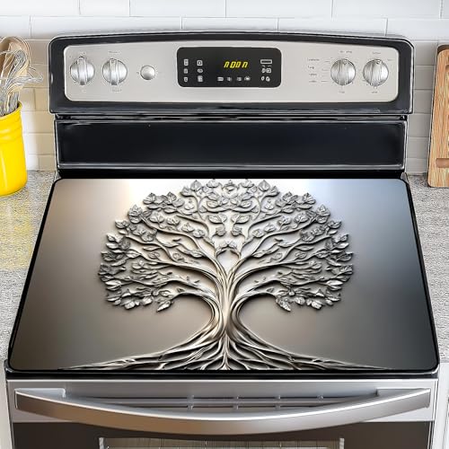 NYZE Stove Top Cover for Electric Stove 28.5x20.5 Inch Silicone Stove Topper & Protector, Scratch-Resistant Decorative Kitchen Mat for Electric/Glass Stove Top (Silver Tree of Life)
