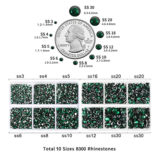 Image of Beadsland 8300PCS Flatback Rhinestones, Green Rhinestone Round Crystal Rhinestones for Crafts, Mixed 10 Sizes with Wax Pencil and Tweezer Kit, SS3-SS30, Emerald | Crystal Rhinestone Round, for Crafts Nails,With Wax Pencil and Tweezers Kit, SS3-SS30, Dark Green