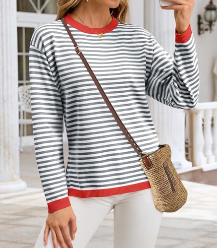 Image of Womens 2024 Striped Long Sleeve Sweaters Fall Crewneck Color Block Shirts Knited Pullover Tops Side Split Dark Blue White