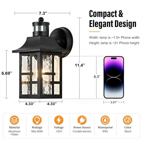 Image of OKELI Outdoor Wall Lights with Motion Sensor, Exterior Waterproof Lantern, Front Porch Sconce Lighting with Water Ripple Glass Shade, Anti-Rust Wall Lamps Outside Lights for Garage (Black-2pack)