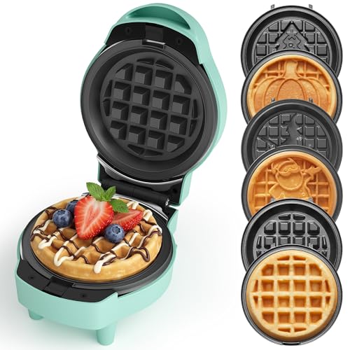 Image of 6 in 1 Mini Waffle Maker - Removable Plates for Waffles, Eggs & More - Includes 6 Plates (Classic Grid, Santa, Witch, Tree, Pumpkin) - Non-Stick, Easy to Clean, Light Blue