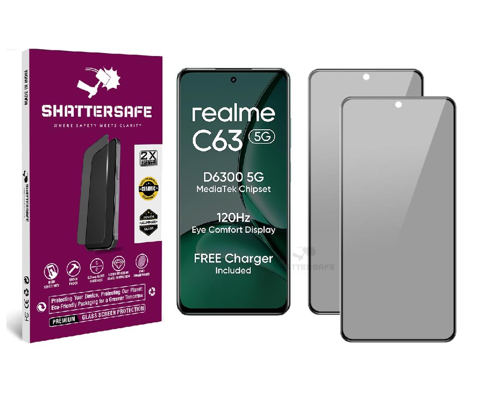 Image of Anti-Spy Privacy Tempered Glass Compatible For Realme C63 5G [Pack of 2]. 9H Hardness, Anti-Scratch, Edge-to-Edge Protection With Easy Installation Kit & Case Friendly Fit.
