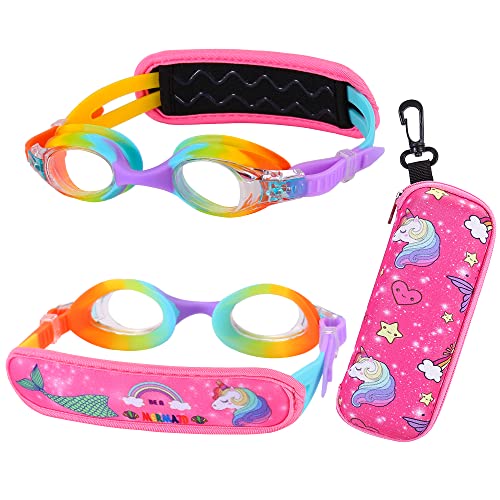 Toddler Swim Goggles, Toddler Goggles 3 - 5 year Old, Kids Swim Goggles with Fabric Strap - Pain Free & No Hair Pull, Rainbow Goggles for Girls ( Unicorn Mermaid )