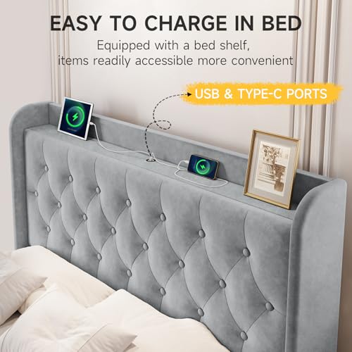 Image of koorlian Queen Bed Frame with Headboard, Adjustable Velvet Upholstered Bed Frame with Type-C&USB Ports, Wingback Storage Headboard, Solid Wood Slats Support, No Box Spring Needed, Light Gray