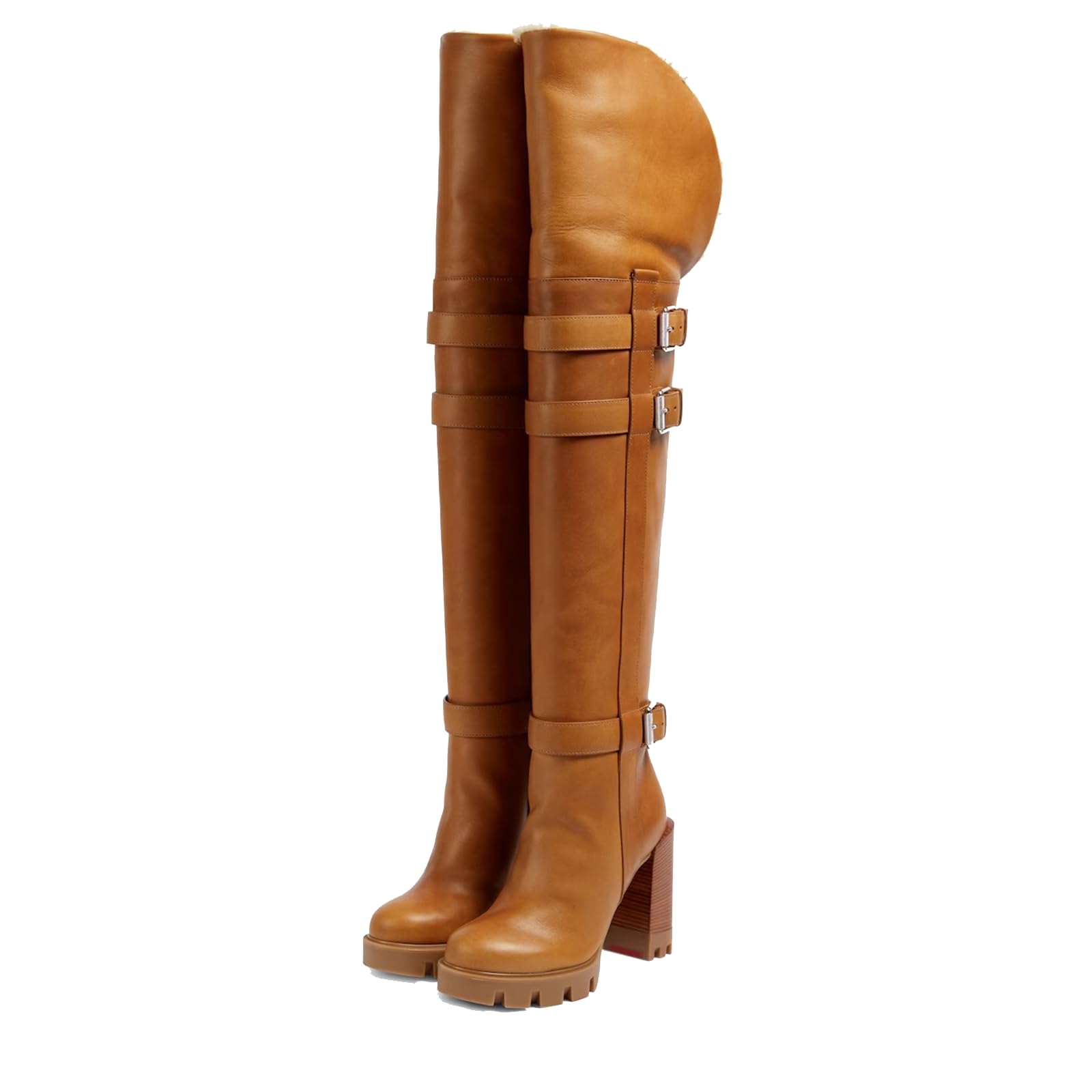 Fur Thigh High Boots Fold Over Platform Chunky High Heel Round Toe Boots with Buckle Over The Knee