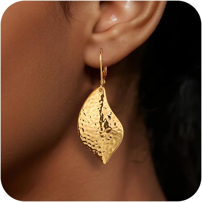 Sterling Silver Hammered Leaf Dangle Earrings for Women Trendy Lightweight Hypoallergenic 14K Gold Plated Drop Earrings French Leverback - Image 2