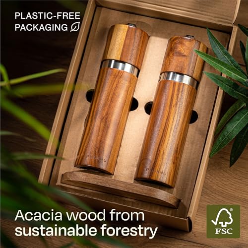 Salt and Pepper Mill Set with Tray - Made from FSC® Acacia Wood - Durable Ceramic Grinder - Plastic-Free - Image 5