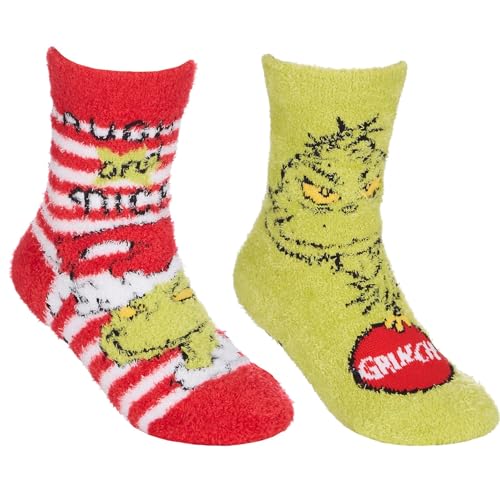 Kids 2 Pair Grinch Design Cosy Socks Warm Fluffy SuperSoft Christmas Stocking Filler Girls Boys Socks (GRINCH-STAR-RED-STRRIPE 9-12)