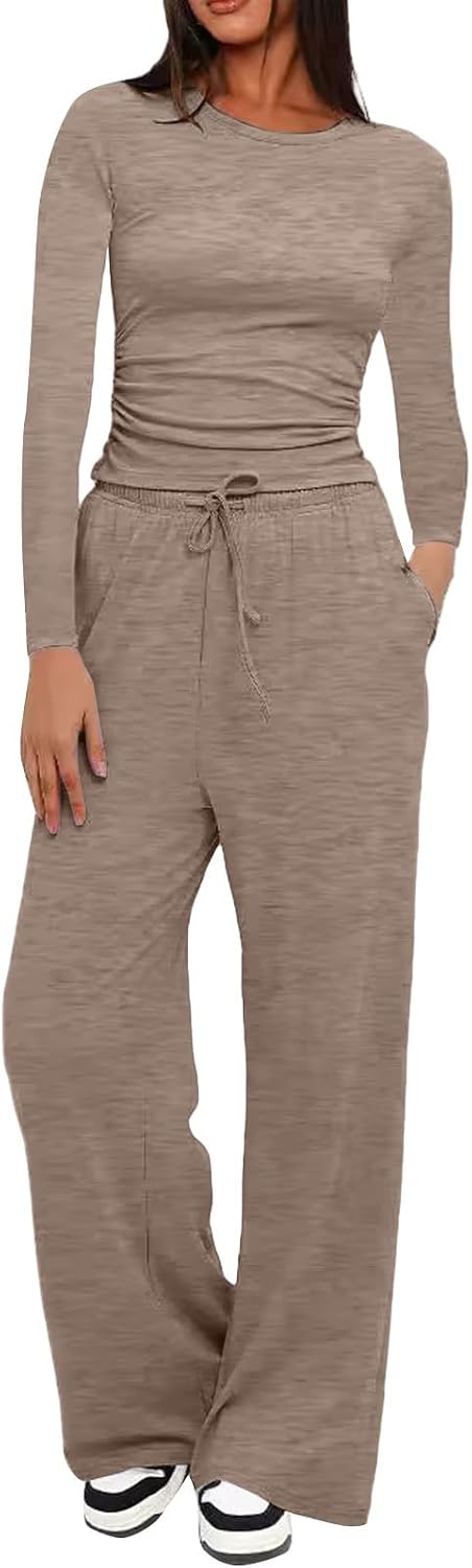 Women's 2 Piece Matching Lounge Set Long Sleeve Slightly Crop Top Wide Leg Pants Tracksuit Casual Sweatsuit Fall Outfits