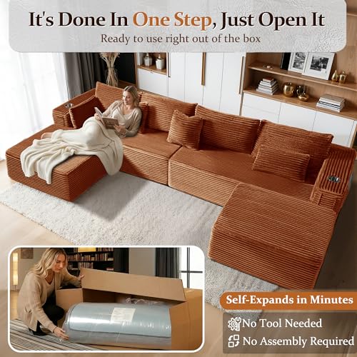 Image of 138 inch Cloud Sectional Couch, Comfort U Shaped Boneless Couch for Living Room, Extra Deep Seats No Assembly, Minimalist Modular Sofa, Corduroy (Deep Orange, 3 Seater+Left Facing Chaise+Ottoman)