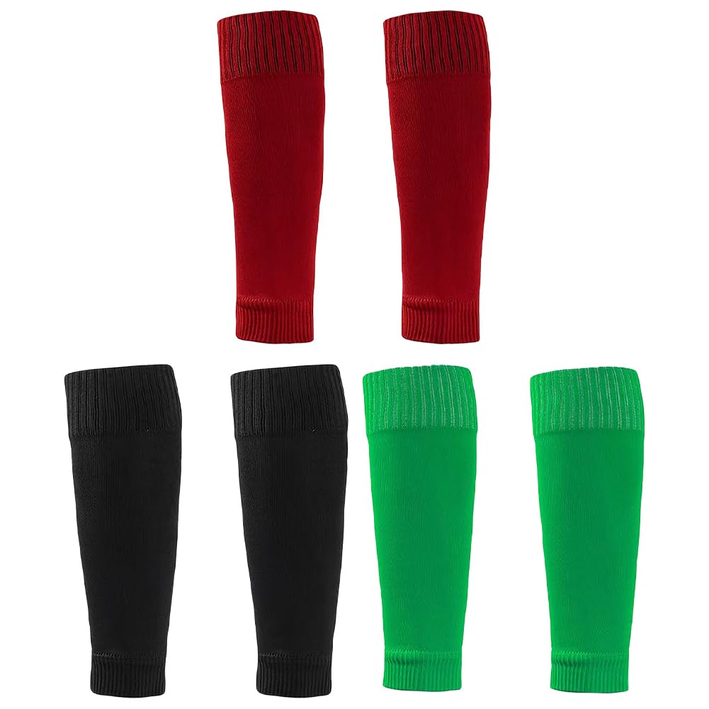 FSSTUD 3 Pairs Unisex Football Sock Sleeves Soccer Shin Guards Non Slip Team Leg Sock Training Shin Pad Sleeves for Kids Black Red Green