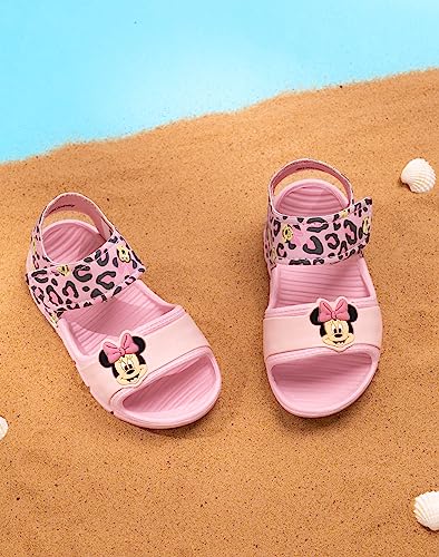Disney Minnie Mouse Kids Sandals | Girls Pink Sliders with Supportive Strap | Leopard Print Summer Pool & Play Shoes for Toddlers | Slip-on Beach Footwear | Fun Merchandise Gift for Children
