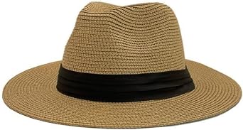 Wide Brim Straw Sun Hat, Beach Panama Fedora with Black Band, US, Numeric, 7, 7 1/4, Khaki