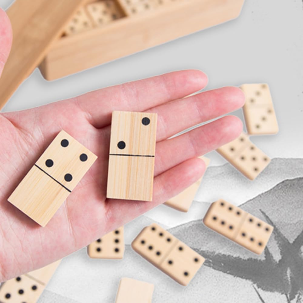 Kompletny zestaw gier domino D6 z drewnianą obudową - 28-częściowy zestaw podwójnych sześciu domino premium - Biało-czarne domino w rozmiarze podróżnym do klasycznych gier edukacyjnych