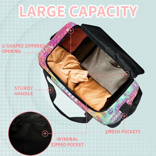 Custom Sports Duffel Bag Name Butterfly, Personalized Waterproof Sleepover Carry on Practice Travel Bags, Bright Colorful Rainbow Pink Yellow Aqua Striped4