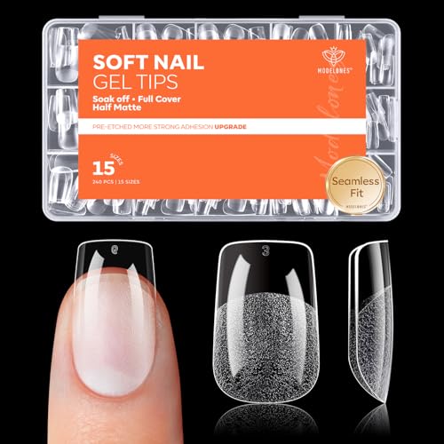 Image of modelones Square Nail Tips, 240pcs Short Square Soft Gel Nail Tips for Full Cover Acrylic Extensions, Pre-Shaped 15 Sizes Press on Nails DIY Home or Professional Salon Use