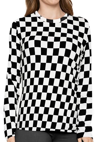 Women's Lay Flat Crew Neck Top Checkered Black and White Small