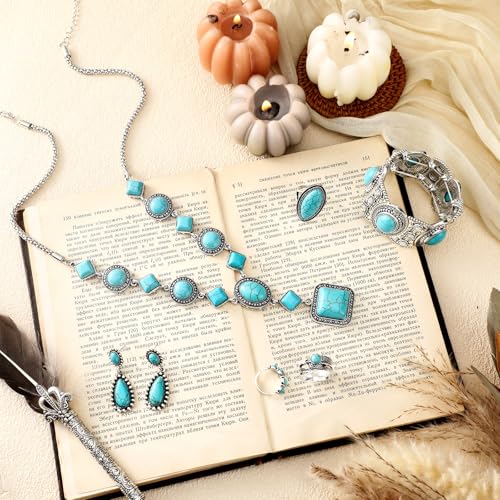Image of Ecally Bohemian Western Jewelry Turquoise Set Women Country Pendant Long Choker Layered Bracelets Earrings Ring for Women