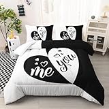 AILONEN Black White Comforter Set Queen Size, Me and You Couples Romantic Valentine Bedding Set Decor,Heart Shaped Splicing Soft and Comfortable Quilt Set All Season(1 Comforter+ 2 Pillowcases)