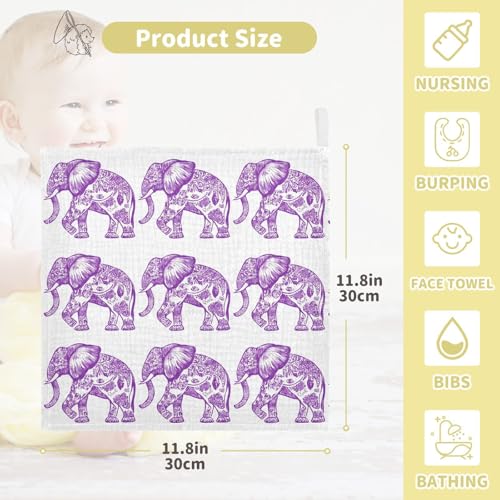 Image of vvfelixl Purple Outline Elephant Baby Burp Cloths Baby Muslin Washcloths for Boys Girls Cotton Babys Face Towel for Newborn Infants Soft and Absorbent 11.8 X 11.8 in, 5 Pack