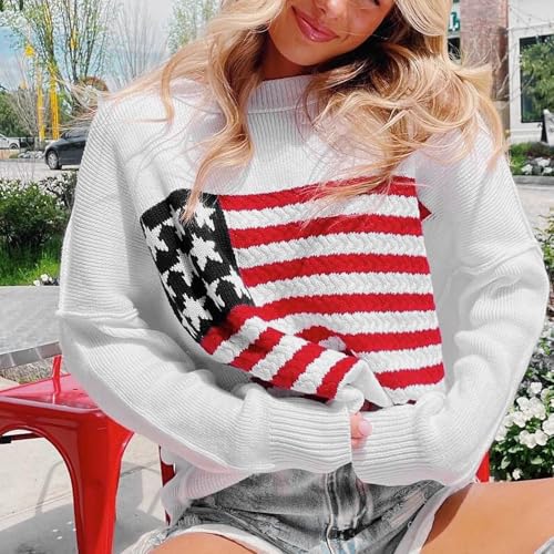 Image of Womens American Flag Sweater Long Sleeve Crew Neck Star Graphic Knit Pullover Tops Casual Loose USA Sweater