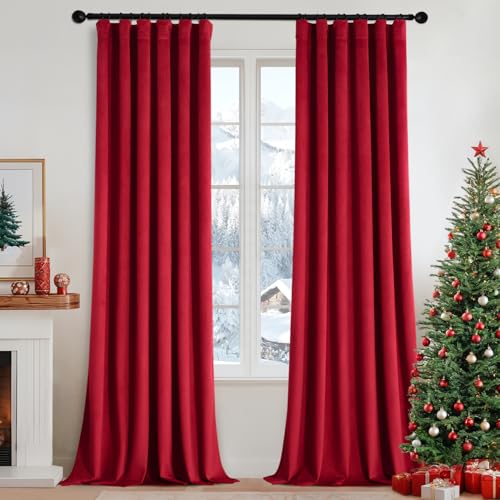 MIULEE Christmas Velvet Curtains 96 Inches Long 2 Panels Set for Bedroom Pinch Pleat Back Tab Thermal Insulated Living Room Darkening Drapes Pleated Blackout Floor to Ceiling Curtain with Hooks Red