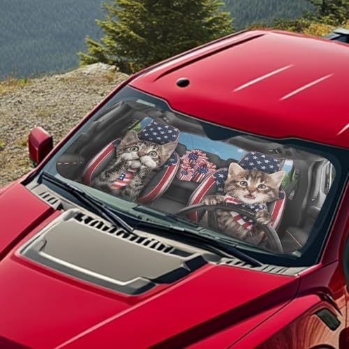 Image of 4th of July Cats Sun Shade for Car Windshield Foldable Front Windshield Shade for Sun Auto Vehicle Shield Reflector Blocking Screen Cover Fit Car Front Window for Trucks SUV Van