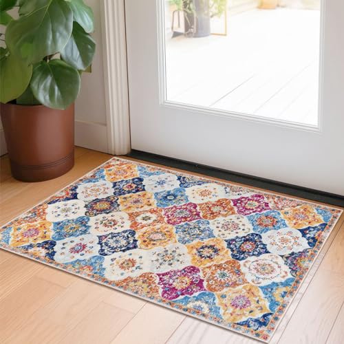 KILOCOCO 2x3 Small Area Rug, Moroccan Super Soft Entryway Rugs Indoor Vintage Washable Rug Non-Slip Indoor Door Mat, Accent Print Faux Wool Throw Rug for Kitchen Bedroom Entrance, Colorful