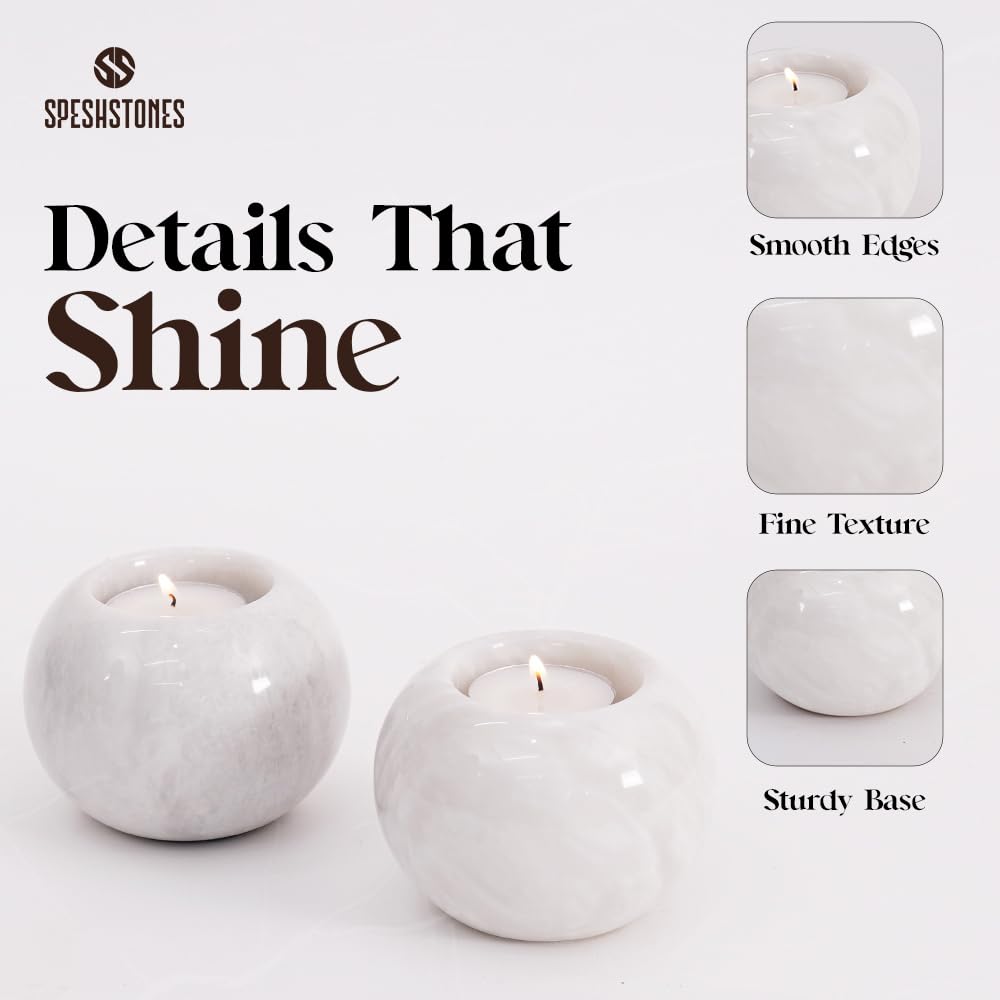 SPESHSTONES Marmor Teelichthalter 2er Set Handgemachte 8,8cm Stein Kerzenhalter für Teelichter Kerzen, Weiß Teelicht Kerzenhalter Tafelaufsätze für Tisch Mini Votivkerzenhalter