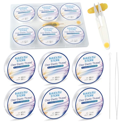 Pack of 6 Clear Elastic Bracelet String for DIY Jewelry Making 120m(0.4,0.5,0.6,0.7,0.8,1mm), 20m/roll with 1 Scissor and 2 Needles Clear Bracelet Elastic Thread Stretchy Elastic for Bracelet Making