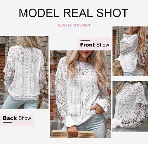 Image of Dokotoo Womens Crewneck Crochet Lace Long Sleeve Hollow Out Cable Knit Sweaters Pullover Tops