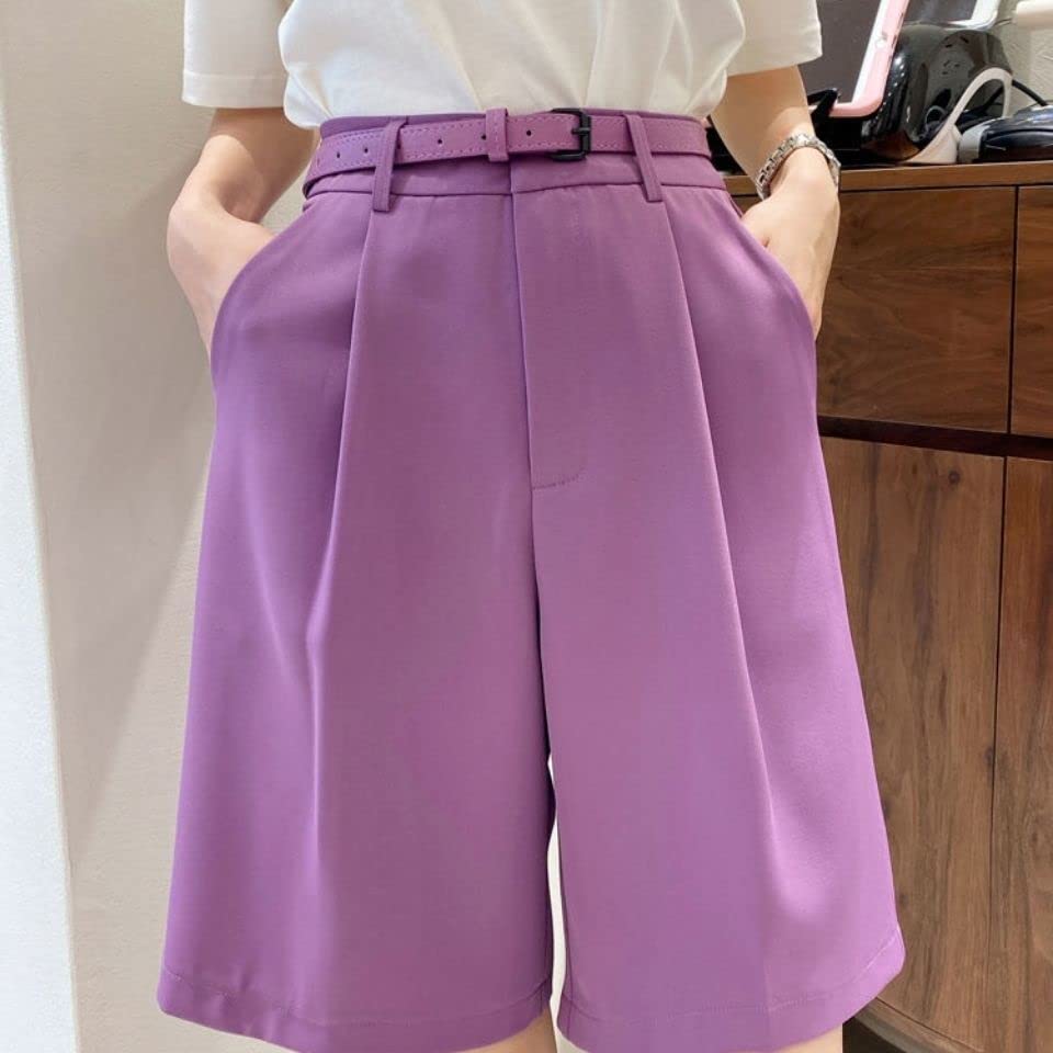 Short Femmes Couleur Solide Haute Taille Tout-Match Five Points Suit Shorts avec Ceinture