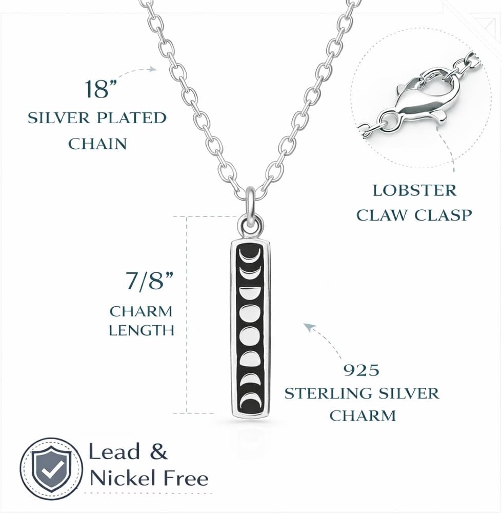 EnCharmed Moon Phase Bar Charm Necklace for Women, Sterling Silver Dainty Handmade Necklace, Celestial Lunar Vertical Pendant, Everyday Minimal Layering Jewelry, 18" - Image 3