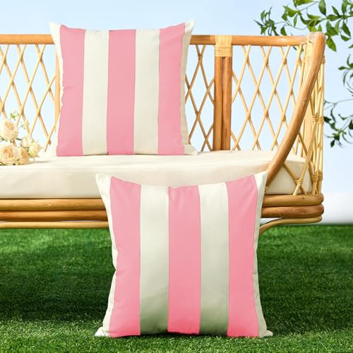 Image of Allorry Outdoor Pillow Covers 20x20 Set of 2 Pink Striped Decoration Throw Pillow Covers for Spring Summer Outdoor Waterproof Garden Patio Furniture Sofa Bed Home Decor JB007-H20