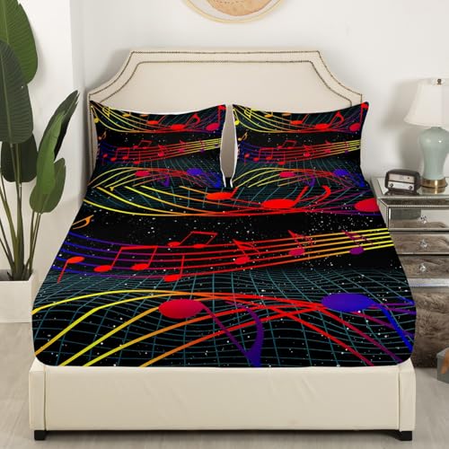 Music Fitted Sheet Full Size Music Notes Bedding Set Rock Sheet Set,Colorful Lines Bed Cover Ultra Soft Breathable Bedding 3 Pcs for Kids Teens Boys