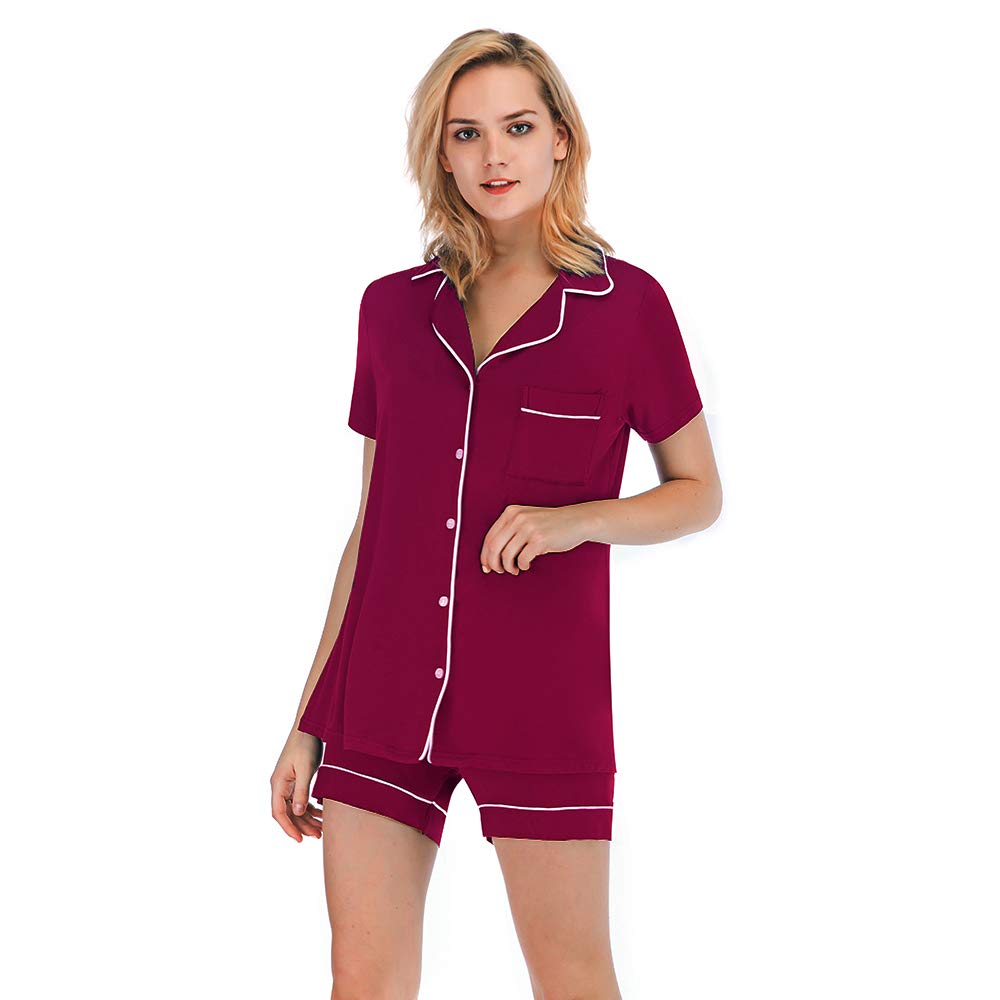 Womens Short Sleeve Classic Pajamas Sets with Pocket Button-up Sleepwear 2 Piece