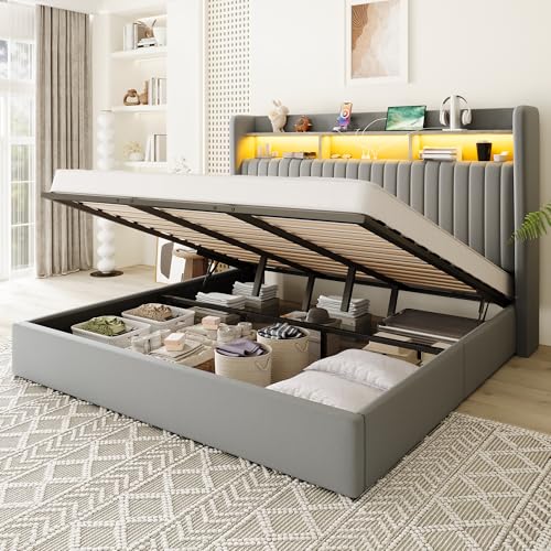 Image of Allewie King Size Lift Up Storage LED Bed Frame, Charging Station, Grey