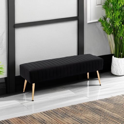 Image of Modern Velvet 2 Seater Ottoman | Upholstered Long Ottoman for Bedroom, Living Room, Entryway, Sofa Upholstered or End of Bed Seating | Comfortable Padded Accent Furniture | Velvet Black