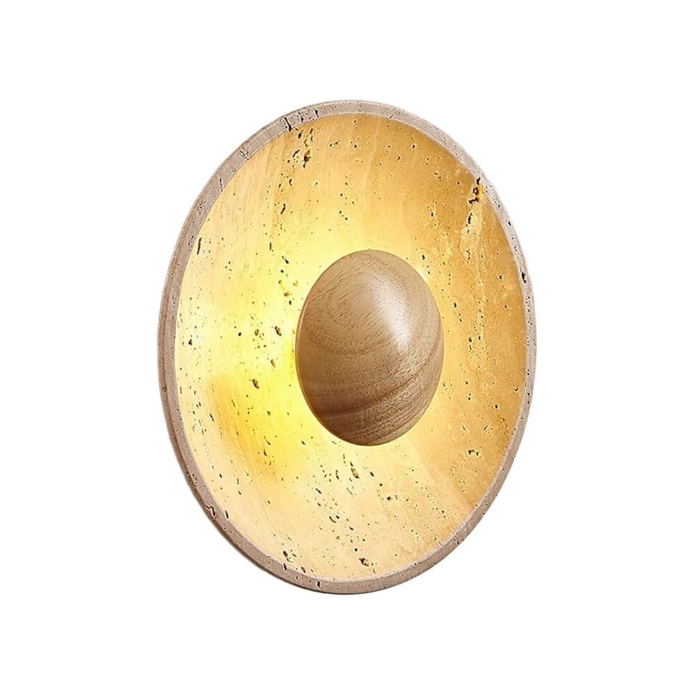 TONFON Yellow Travertine Wall Sconce Round Stone Wall Lamp with Wooden Shade Modern LED Lighting Wall Mounted Lamp for Bedroom Bedside Living Room Study Room Corridor Entryway Restaurant(Wood)