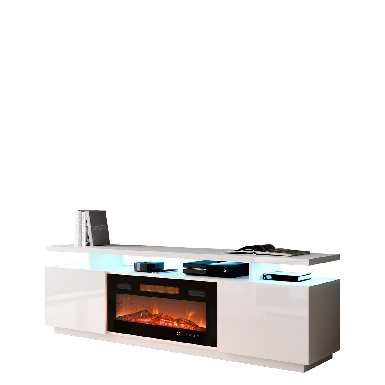Mirjan24 Lostino - Armadio TV con camino elettrico LED, fiamma reale, fornello di cristallo, riscaldamento TV LED (Low board)