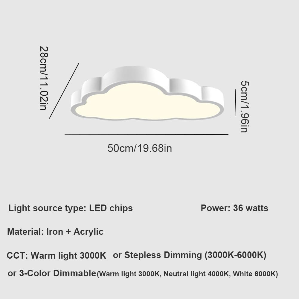 Nordycka Chmura Lampy Sufitowa LED, Plafon Falisty Niski Profil Oświetlenie Sufitowe Ściemnialne Styl Bajkowy do Sypialni Pokoju Dziecka(White(3000K),50cm/19.68in)