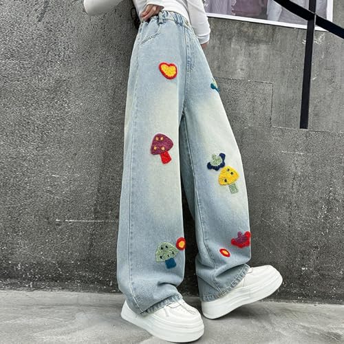 Girl's Baggy Jeans Pants Kids Cute Embroidered Wide Leg Elastic Waist Straight Leg Denim Jeans Pants Joggers 5-16 Years4