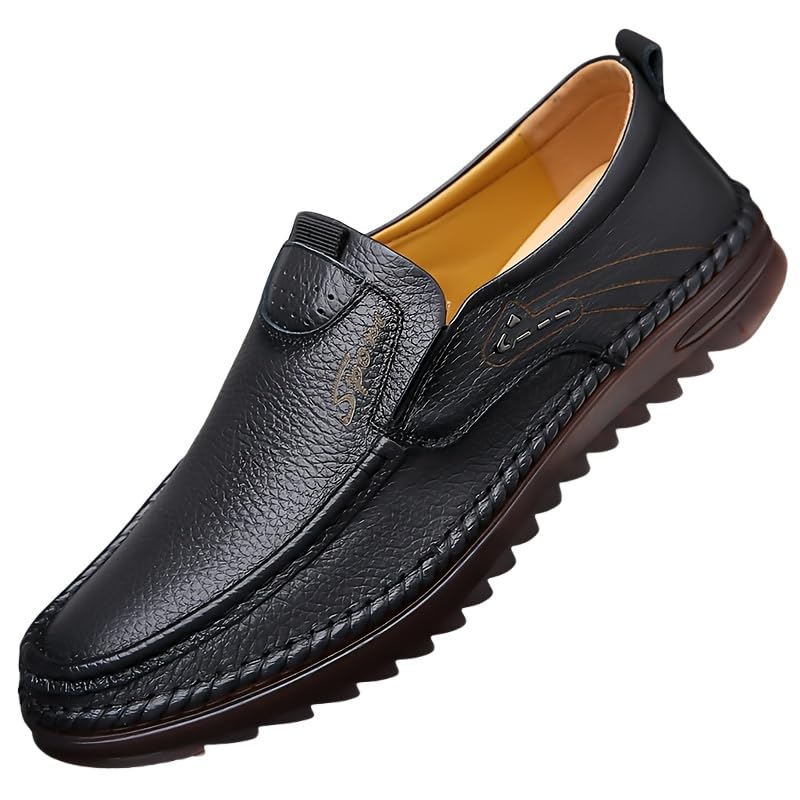 Men's Solid Colour Classic Top Grain Cow Leather Upper Slip On Loafer Shoes, Comfy Non Slip Rubber Sole Durable Dress Shoes, Men's Footwear
