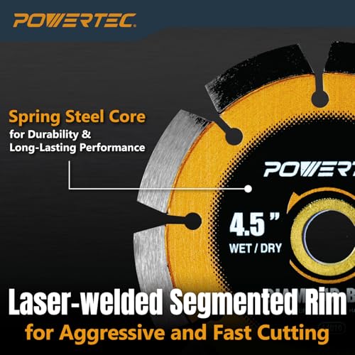 Image of POWERTEC 4-1 /2 inch Laser-Welded Segmented Diamond Saw Blade for Angle Grinder, Diamond Blade for Cutting Cured Concrete, Block, Brick, Pavers, Masonry, 4.5 inch Diamond Blades for Wet /Dry Cutting, 1PK