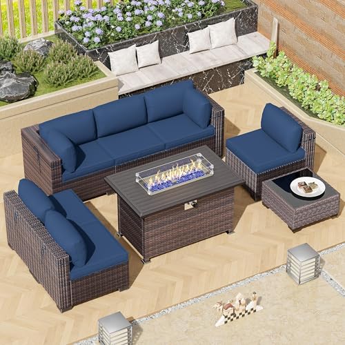 Image of 8 Pieces Outdoor Patio Furniture Set,Outdoor Sectional Furniture with 43 inch 55000 BTU Gas Propane Fire Pit Table,All Weather PE Rattan Wicker Patio Conversation Set,Navy Blue