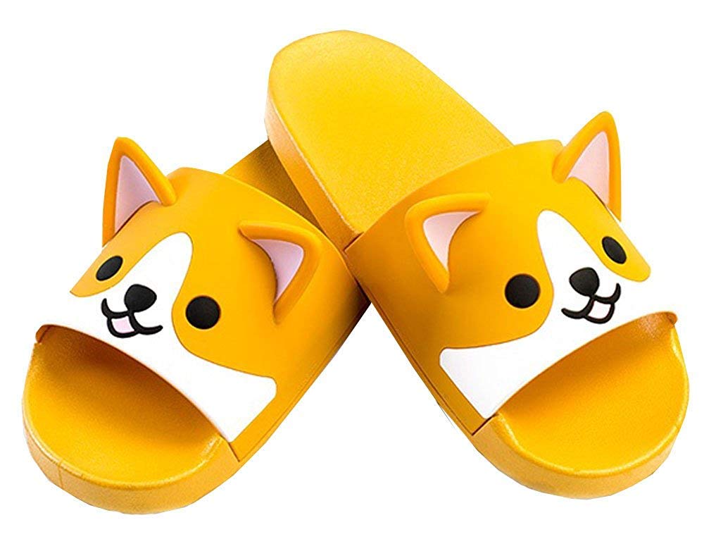 size: 40-41 FUYU Women's Cute Cartoon Animal Ears Corgi Non-Slip Shower Sandals Bathroom Soft Slipper Husky Couples Shoes
