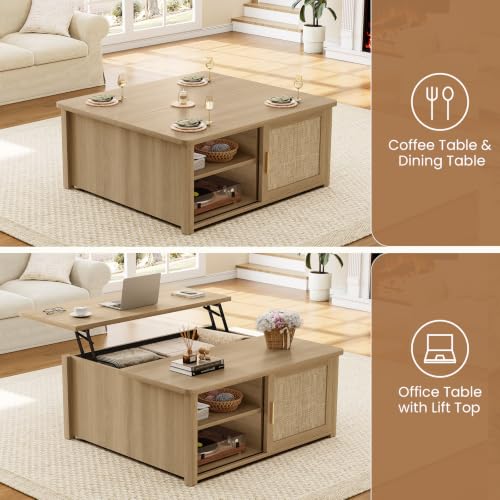 Image of SEDETA 31.5 inch Lift Top Coffee Table with Storage, Square Coffee Tables for Living Room, Farmhouse Coffee Table with Large Hidden Storage Compartment and Adjustable Shelves, Rattan Oak