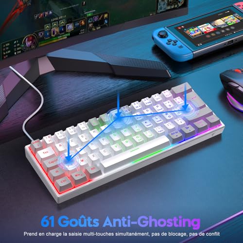 Clavier Mecanique - Clavier Gamer de Jeu Filaire Switchs Bleu, AZERTY Français, LED Rétroéclairé, Clavier Gaming Mini 60% pour PC/Windows/PS5/PS4, Blanc et Gris – Image 6