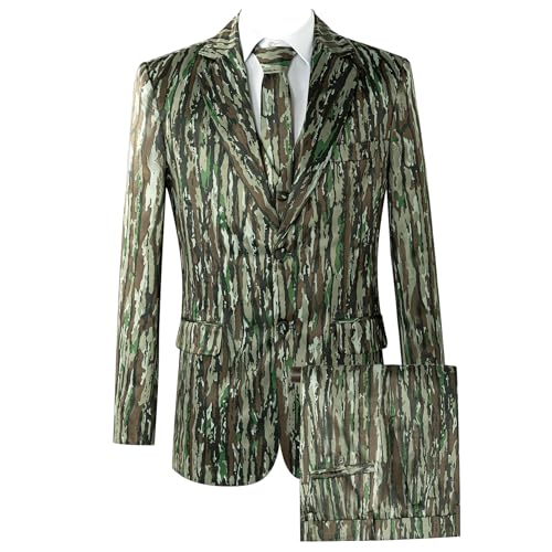 Men Green Camouflaged Suit Set 2 Piece, Classic Fit Two Button Jacket Pants Set with Tie for Business Prom